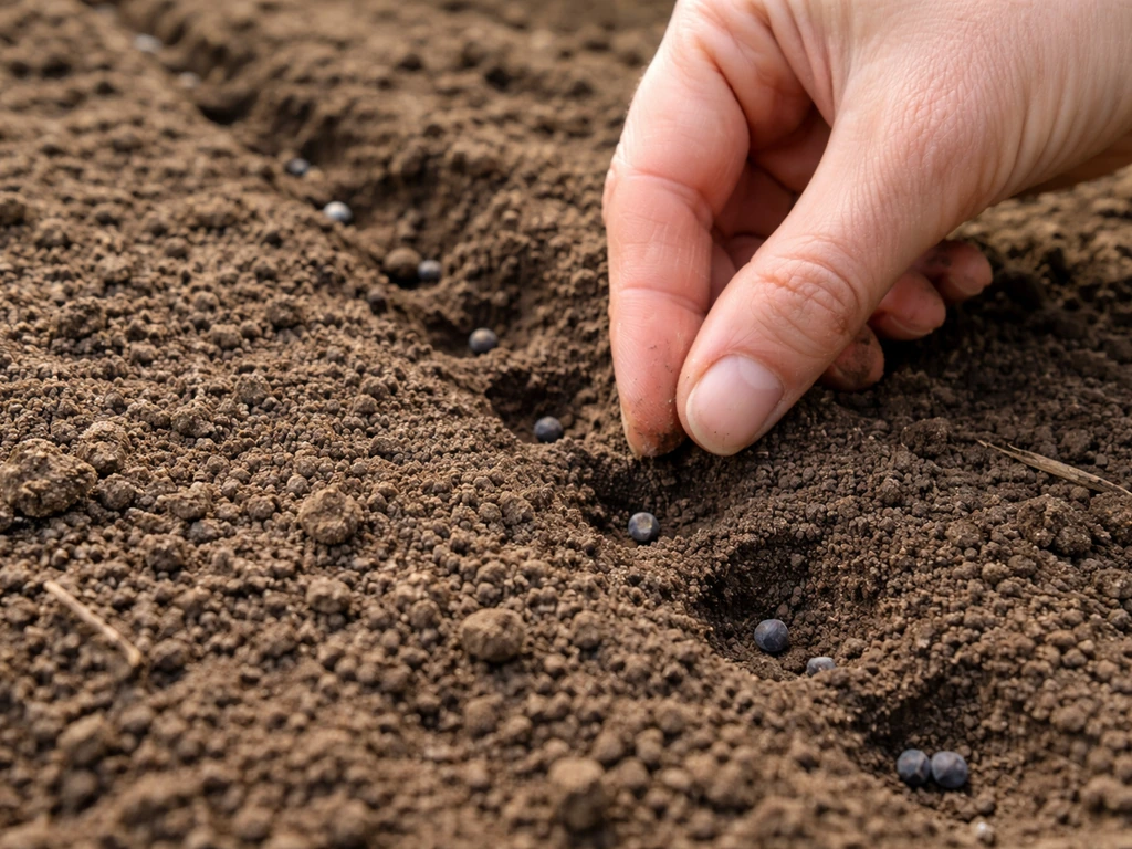 Hand placing morning glory seeds into shallow holes of textured, well-drained soil.