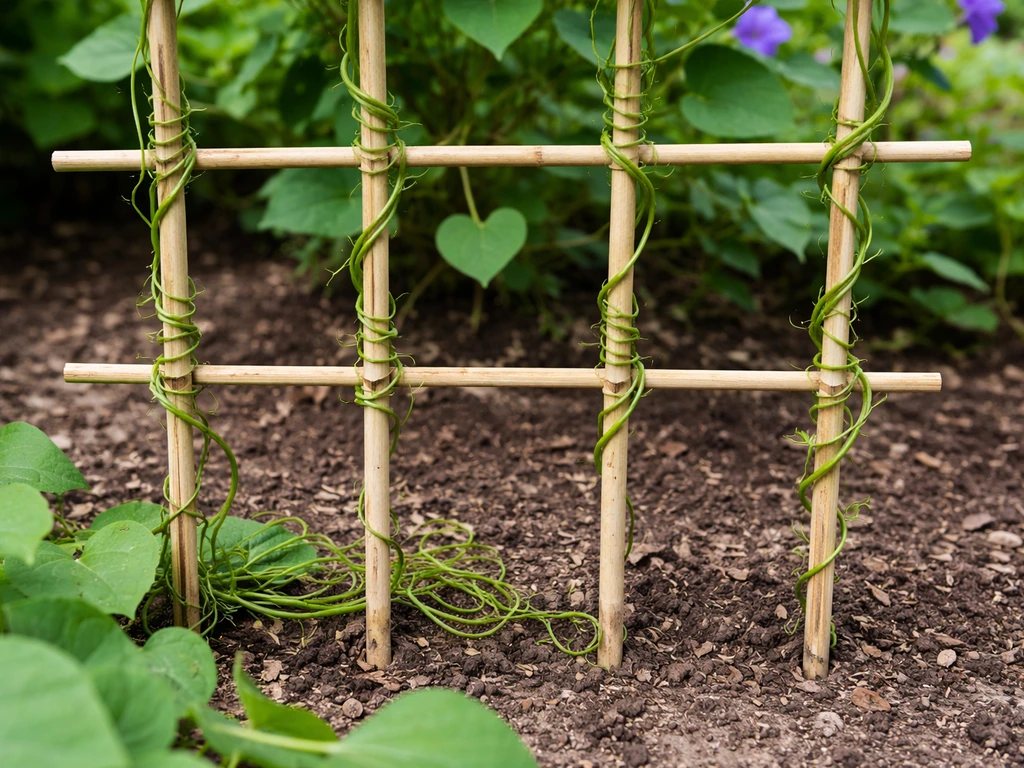 Morning glory vine neatly twined around a trellis with trimmed, tidy stems and pruned tangles removed.