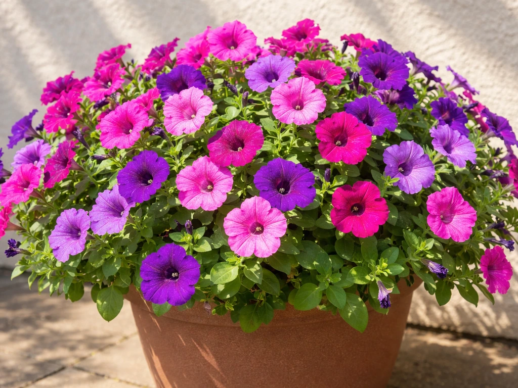 Bright blooming petunias spilling from a sunny container in natural outdoor light.