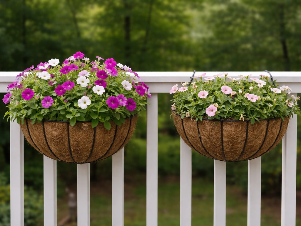 Side-by-side hanging planters of petunias: one thriving with full blooms, one with fewer paler flowers.