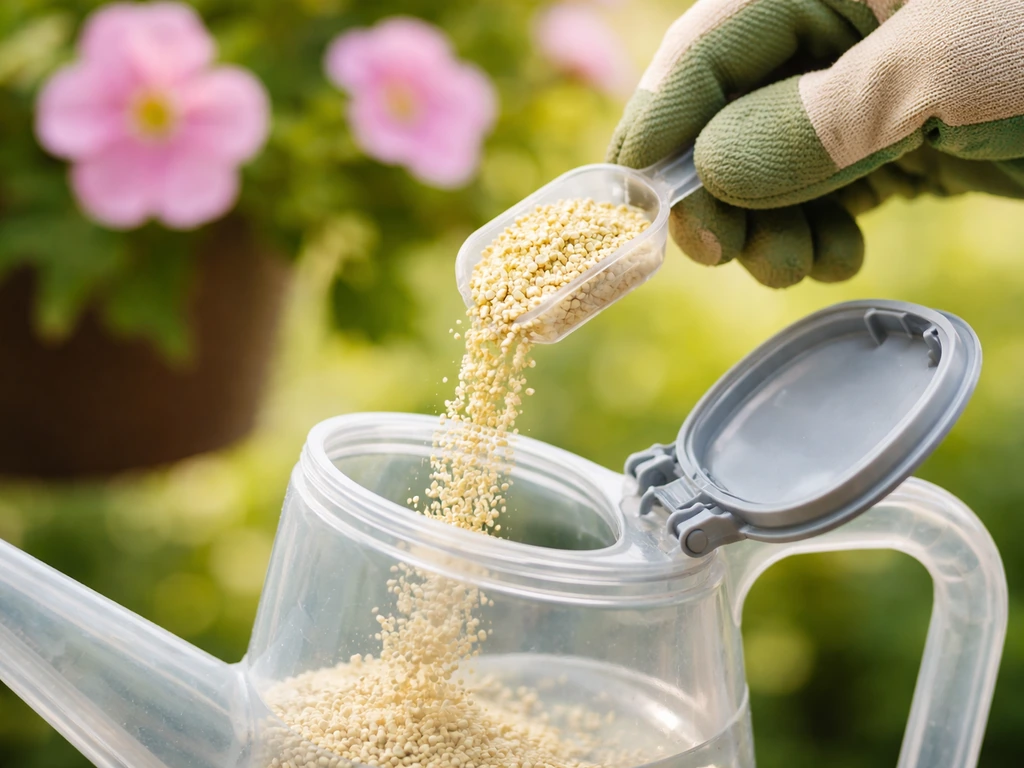 Gloved hand scoops granular bloom fertilizer into a clear watering can beside blooming petunias.