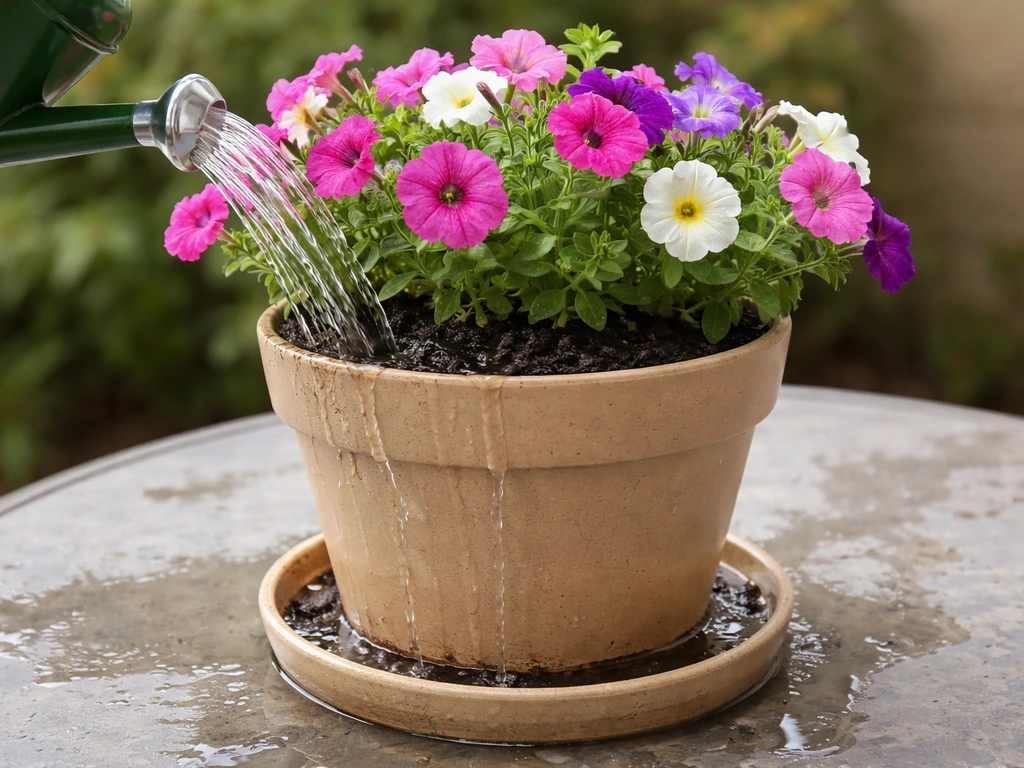 Close-up of a person watering petunias in a container until soil is thoroughly soaked with runoff.
