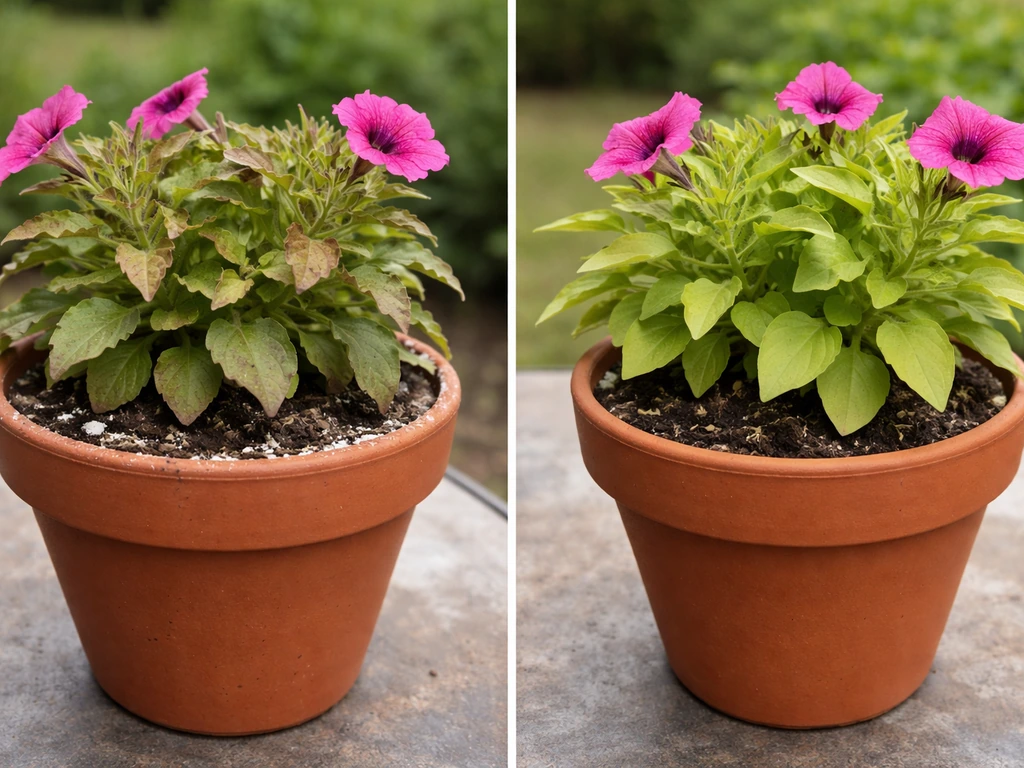 Side-by-side petunia pots showing over-fertilizing burn with white salt crust versus pale under-fertilized leaves