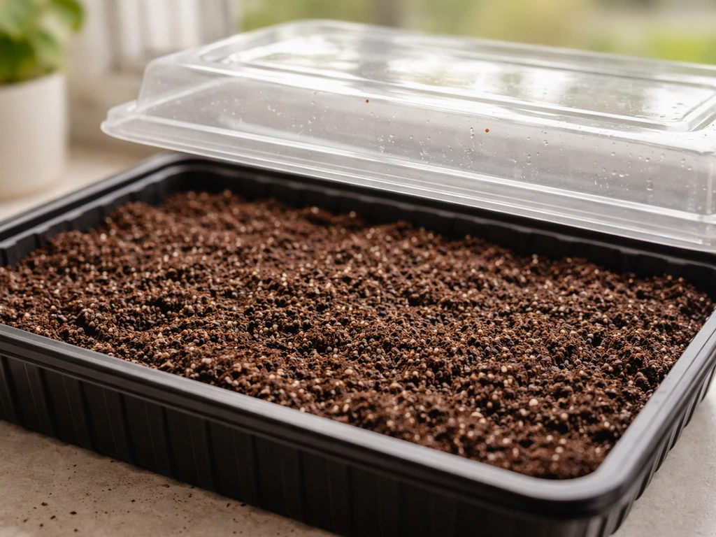 Moist seed compost in a tray with columbine seeds surface-sown and a clear cover above indoors.