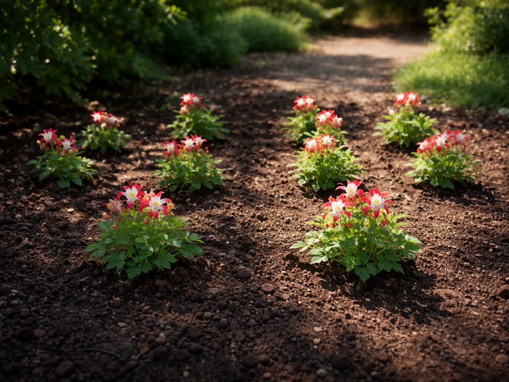 Garden bed showing part-shade and full-sun sections with columbine plants spaced apart in rich, well-drained soil.