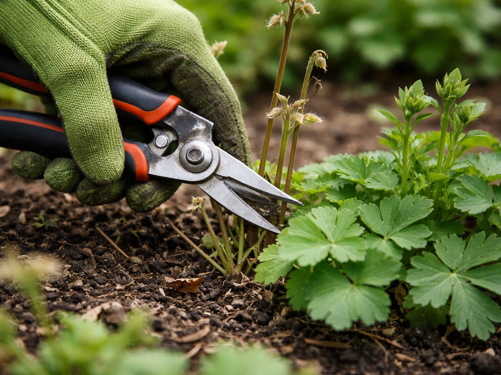 Garden shears cutting spent columbine stems down to the basal rosette with fresh green regrowth visible.