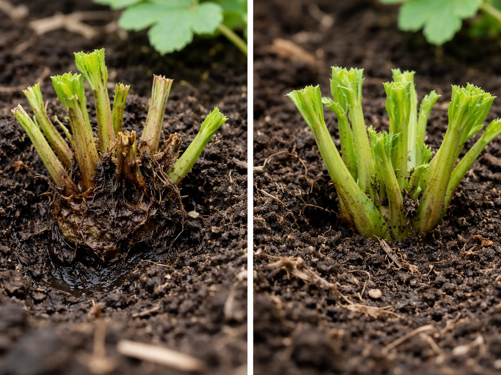 Close-up of columbine crown base in disturbed soil showing root/crown rot versus a healthy crown nearby.
