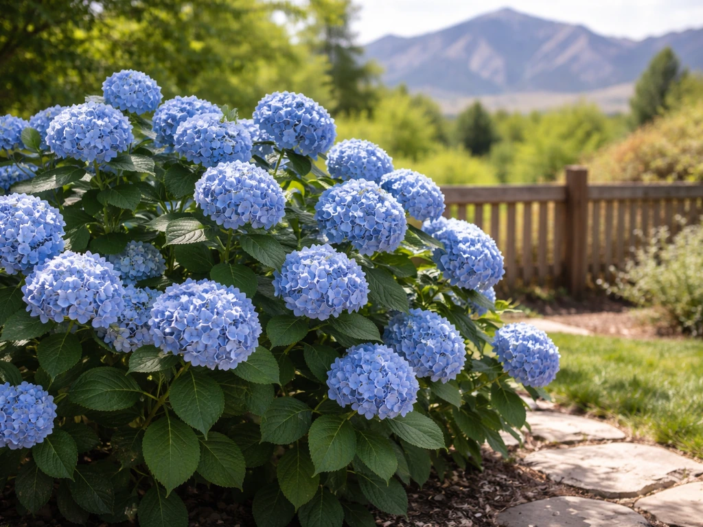 Blue hydrangea blooming in a Colorado backyard with mountain views in the background