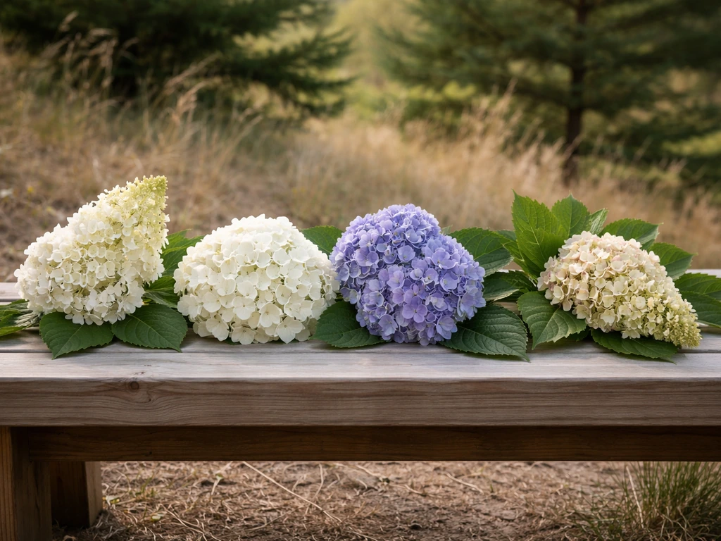 Four hydrangea varieties with different flower shapes and leaves arranged on a wooden bench outdoors.