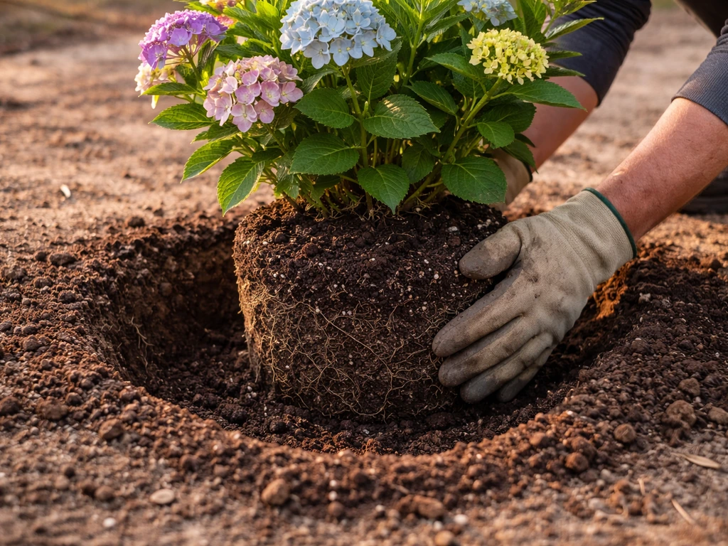 Close-up of a hydrangea root ball lowered into a planting hole with amended soil in a dry garden.