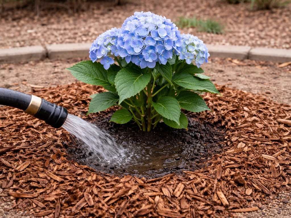 Deep-watering a newly planted hydrangea with a hose, with fresh 3-inch mulch around the base.