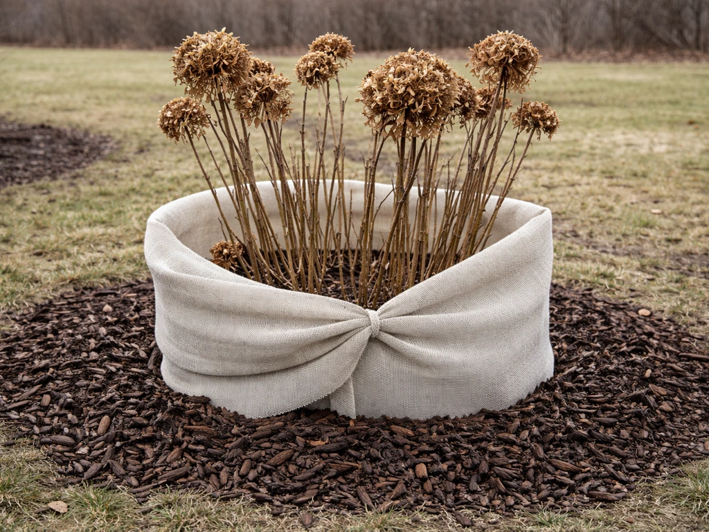 Winter hydrangea protected with mulch and a light insulating wrap, stems left intact in cold weather.