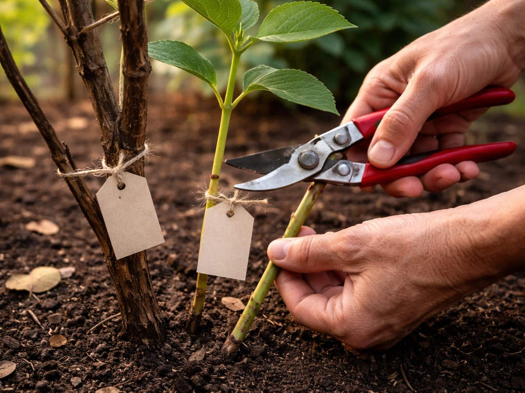 Garden shears cutting hydrangea stems, with two clearly marked branch tags showing old vs new wood to keep.