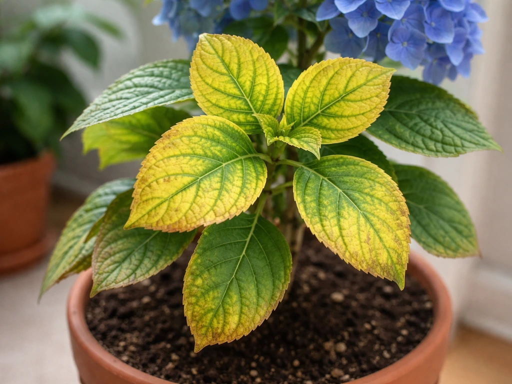 Close-up of hydrangea leaves yellowed by iron chlorosis with green veins visible.