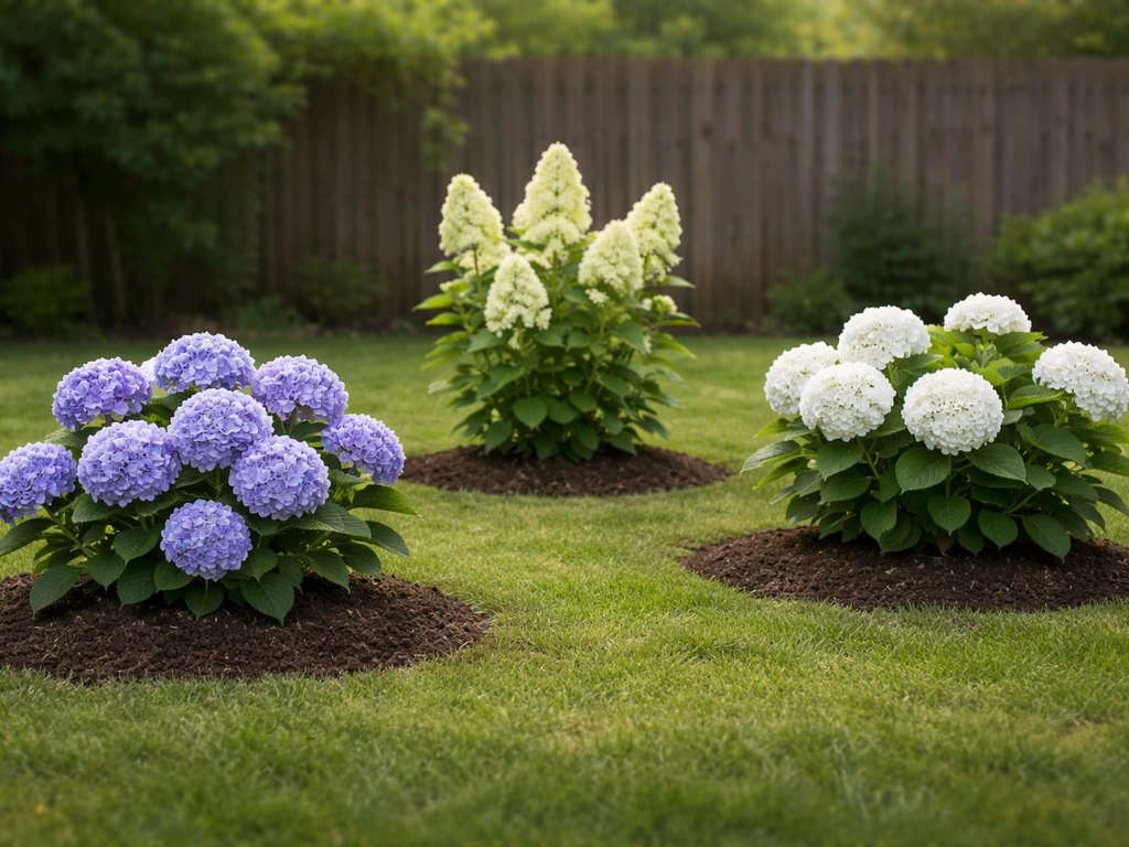 Three hydrangea varieties in an outdoor garden, each with distinct bloom shapes and colors.