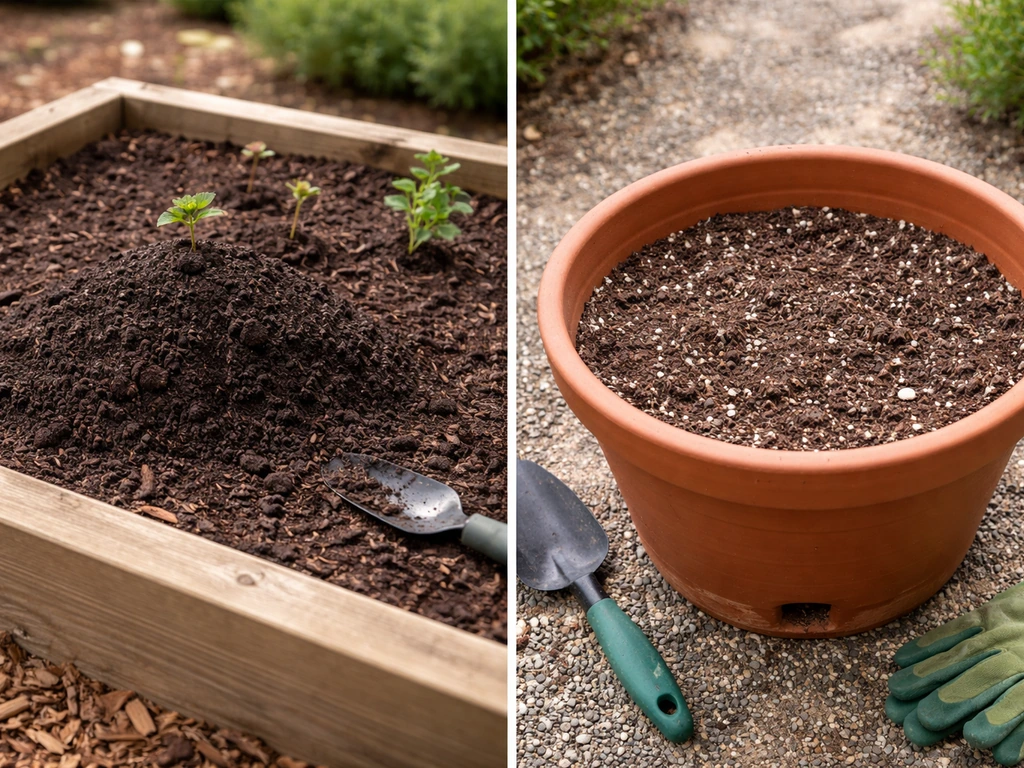 Split view of hydrangea planting: raised bed with rich soil and a separate pot with drainage-ready mix