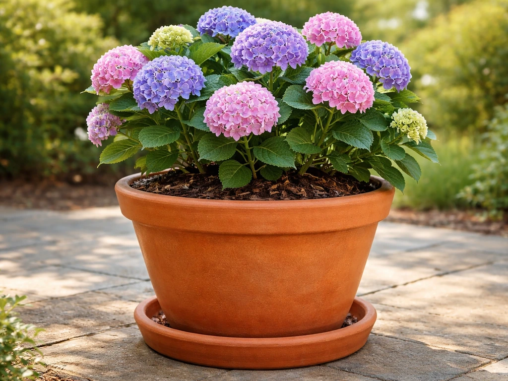 Large potted hydrangea on a patio with mulched soil and a visible drainage saucer.