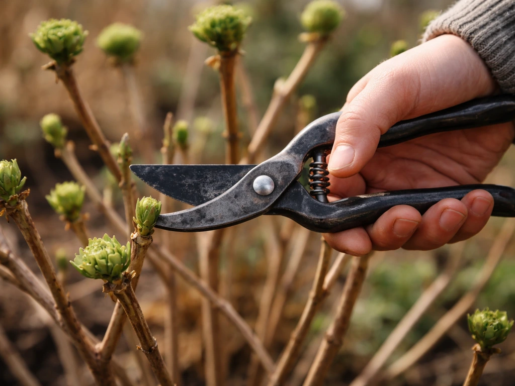Close-up of hands using pruners to cut hydrangea stems in a garden during pruning season