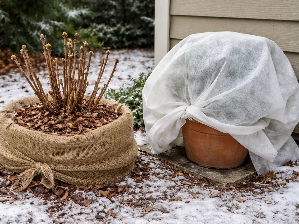 Old-wood hydrangea buds and a sheltered potted hydrangea protected with mulch and burlap in winter.