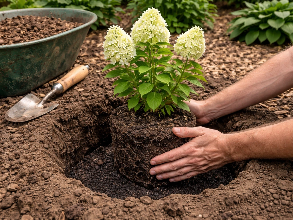 Root ball being set at correct depth in a wide planting hole