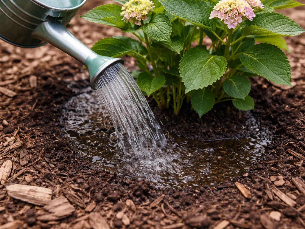 Deep watering hydrangea base with damp soil soaking in