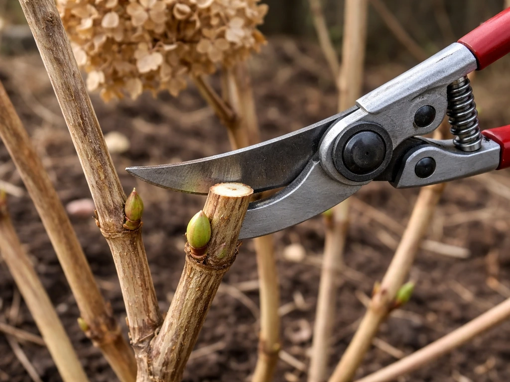 Pruners trimming hydrangea stem just above a healthy bud