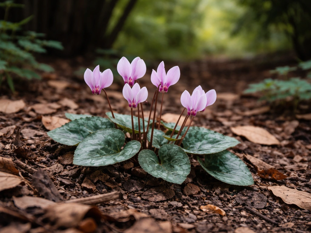 Hardy cyclamen flowers blooming in a shaded outdoor woodland border with dry leaf litter and well-drained soil.