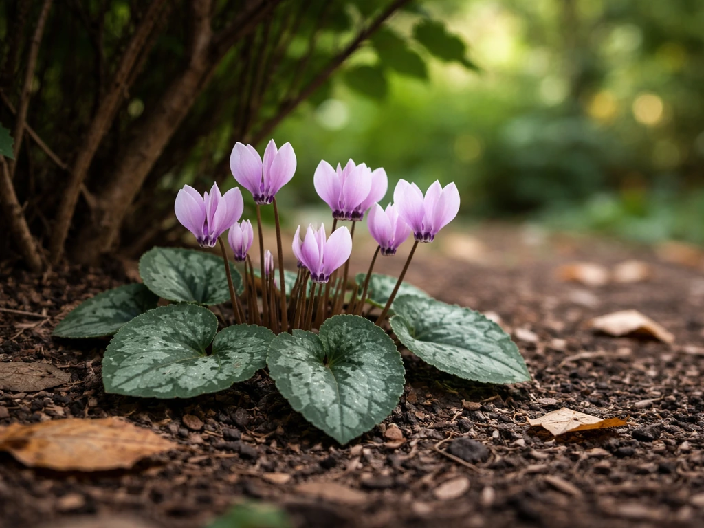 Hardy cyclamen growing outdoors in leaf litter with pale pink-purple flowers in a woodland garden