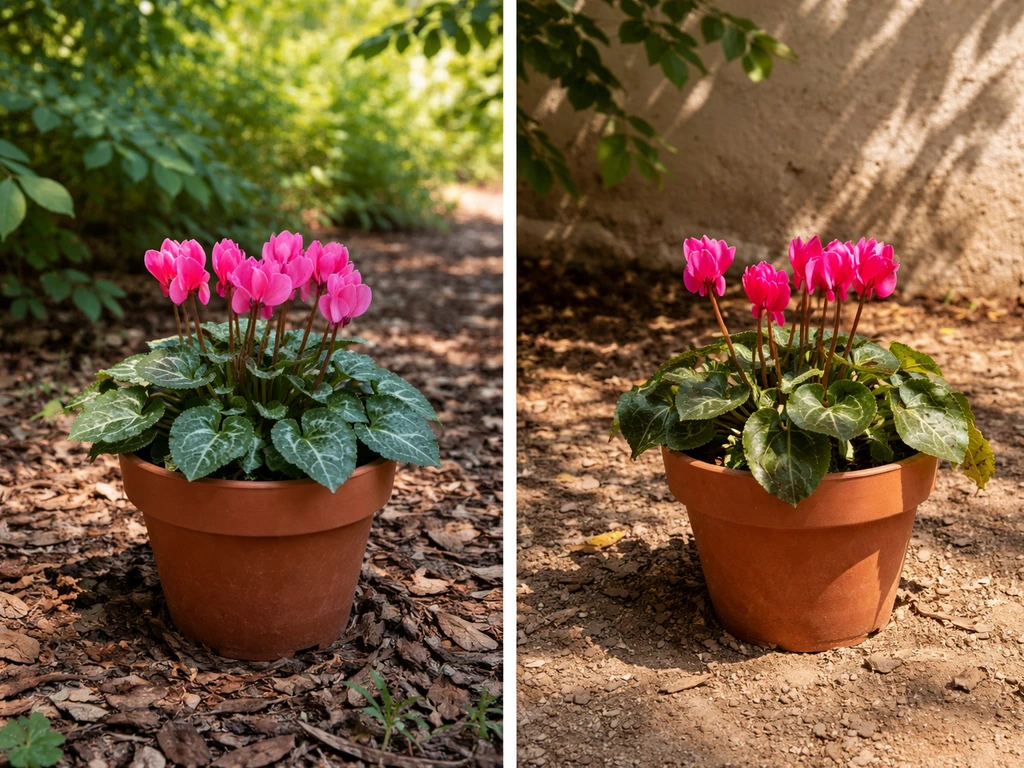 Outdoor cyclamen on a shaded woodland edge with bright, gentle light, showing a safer spot versus hot sun stress nearby.
