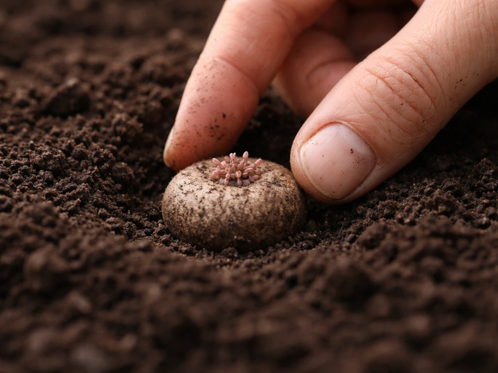 Close-up of a cyclamen corm planted shallowly, with shoulders at the soil surface and roots ready to emerge.