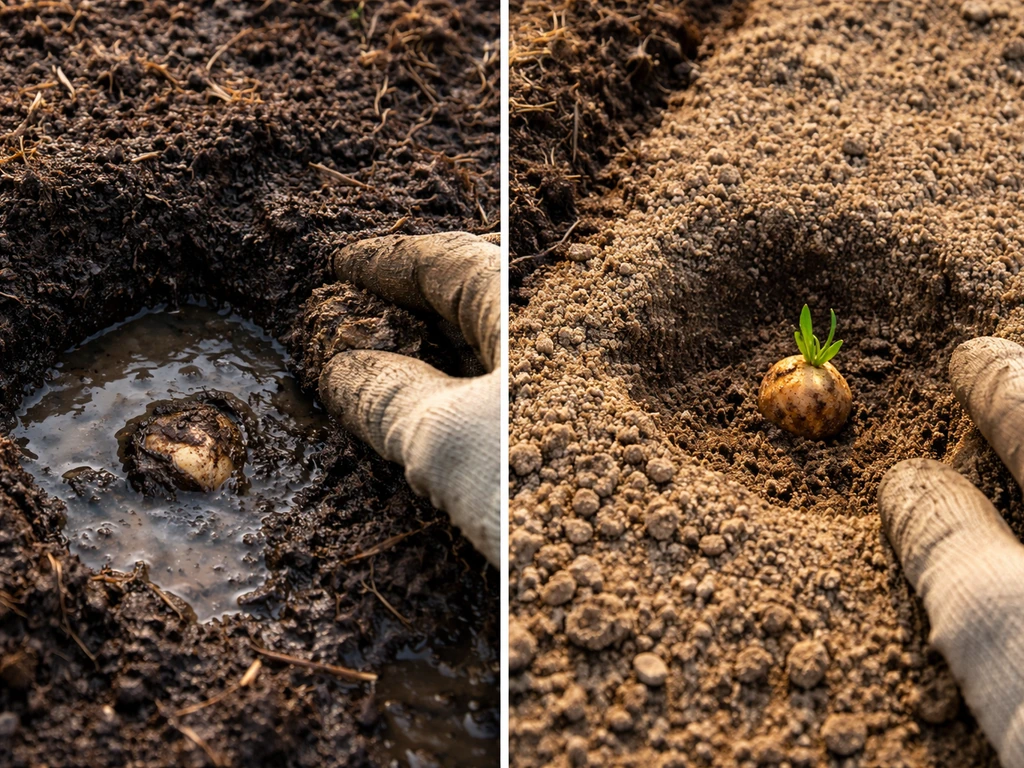 Split garden bed showing waterlogged, rotting corm soil on one side and dry planted corm with small shoots on the other.