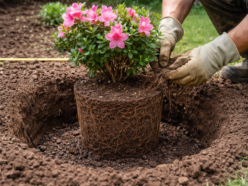 Azalea root ball set at correct planting depth in prepared hole