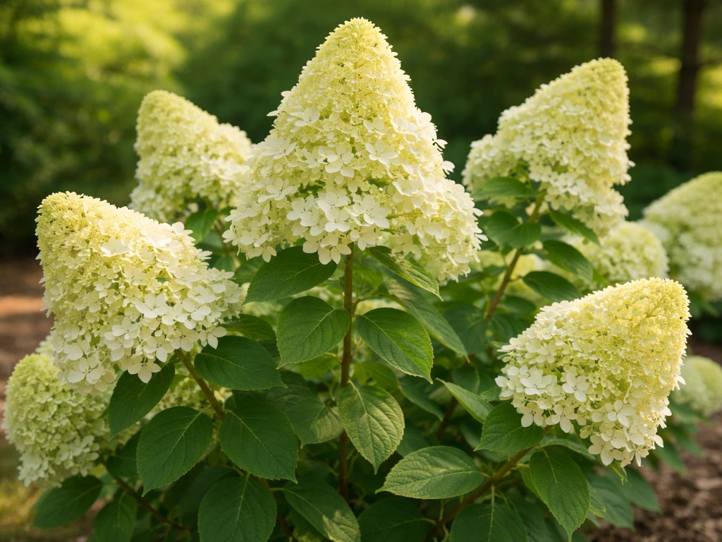 Healthy Limelight hydrangea with strong conical blooms and visible stems and leaves in natural garden light.