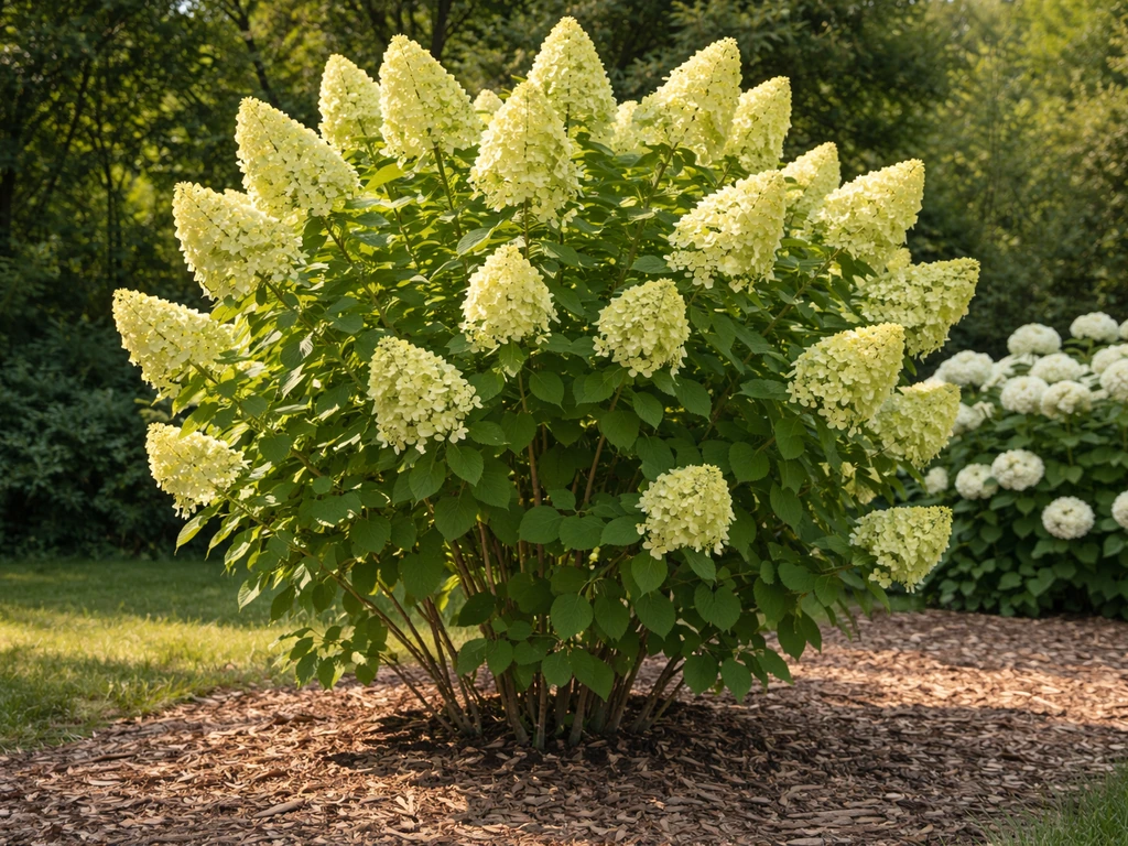 Limelight panicle hydrangea shrub with tall upright stems and elongated pale lime blooms in a simple garden.