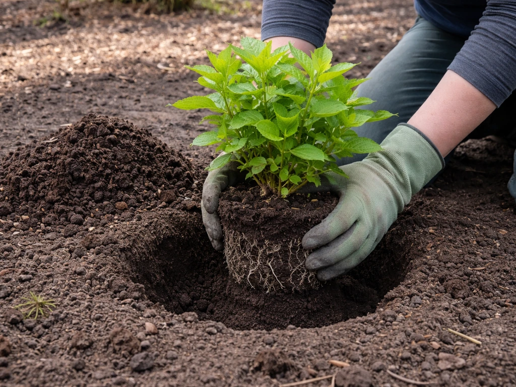 Gloved hands setting a Limelight hydrangea into a prepared hole with compost mix in early spring garden soil.