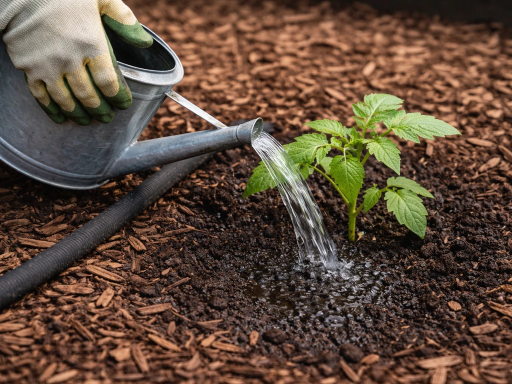 Soaker hose watering the soil at the base of a young plant with visible mulch, not wetting leaves.