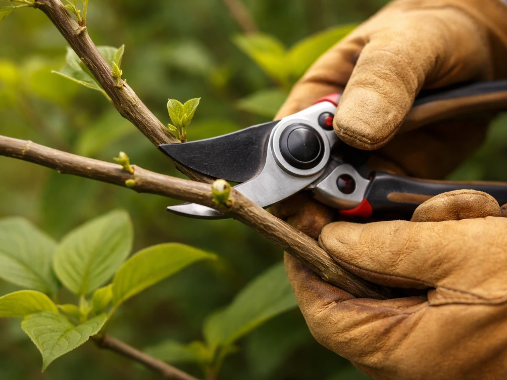 Gloved hands pruning a limelight shrub, cutting stems just above visible buds.