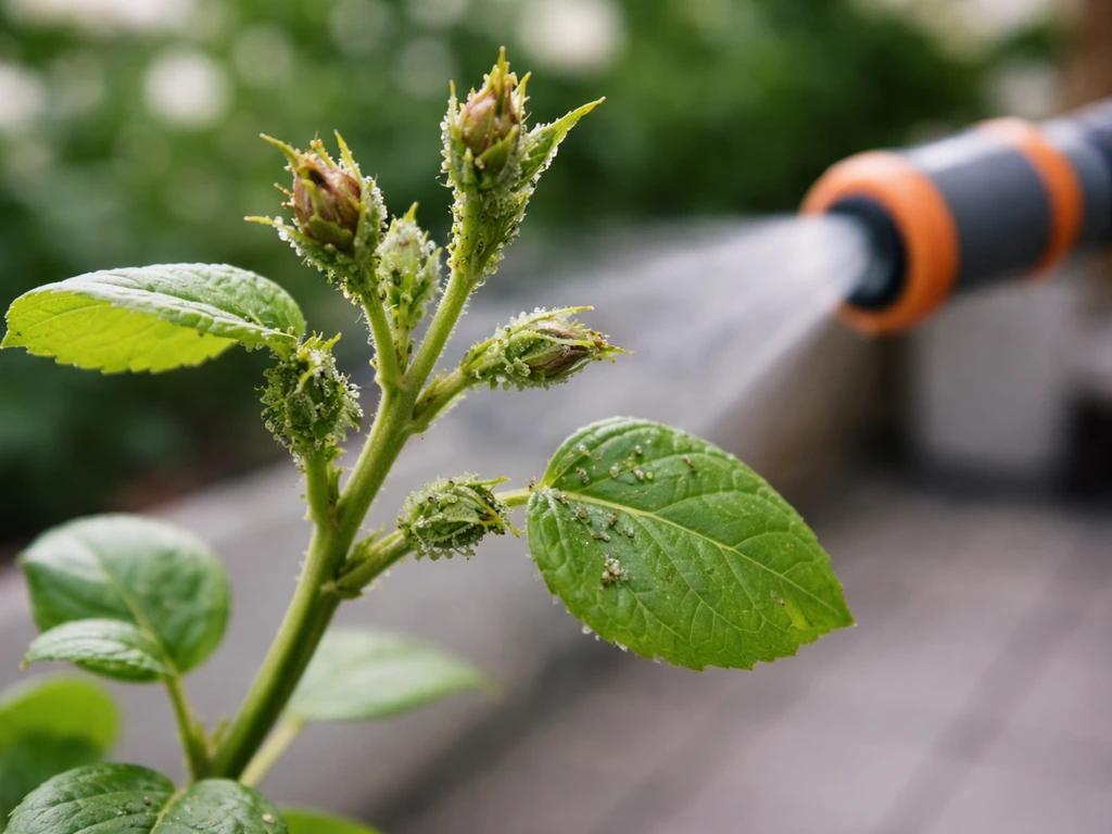 Close-up of aphids clustered on a plant’s new leaves and buds with a hose nozzle ready to blast them off.