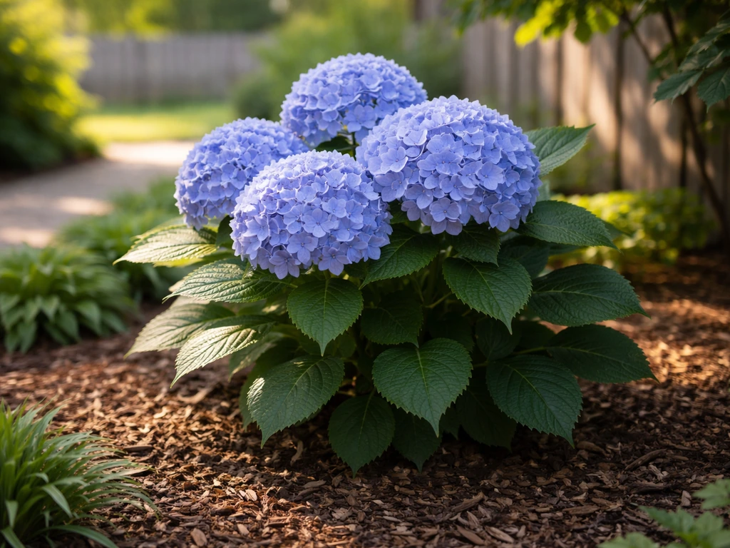 Endless Summer hydrangea in a garden bed with morning sun and afternoon shade from nearby trees/fence