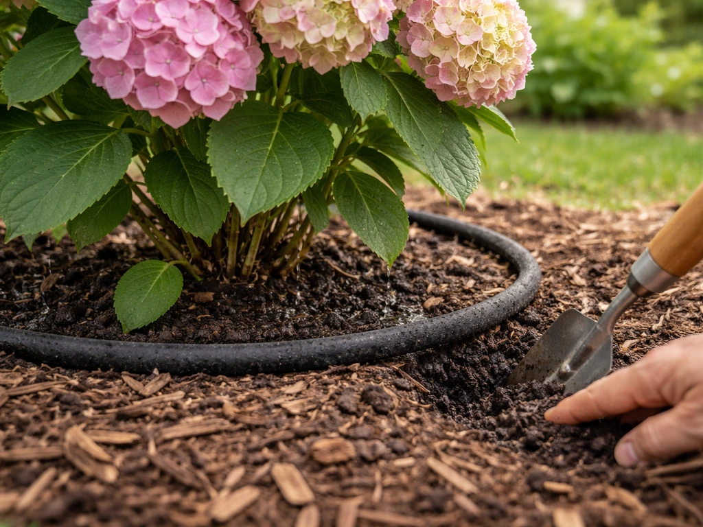 Soaker hose watering hydrangea base while soil moisture is checked about 2 inches deep.