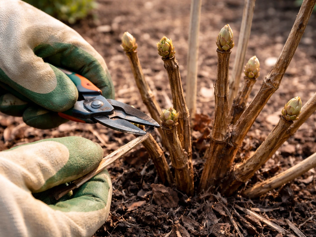 Gloved hands pruning an Endless Summer hydrangea to reveal overwintered buds ready to rebloom.