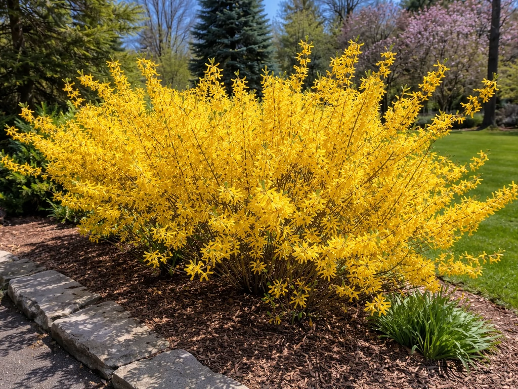 Forsythia shrub thriving in full sun with dense yellow blooms and visible sunlight shadows.