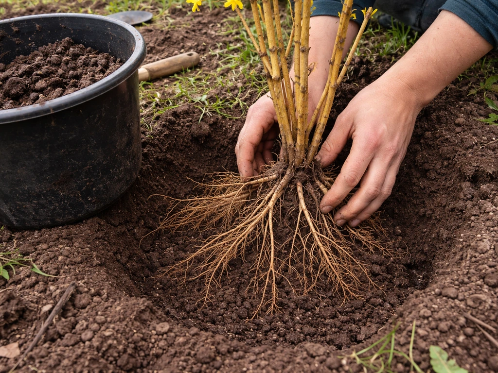 Bare-root forsythia roots being spread into a hole with moist compost nearby.