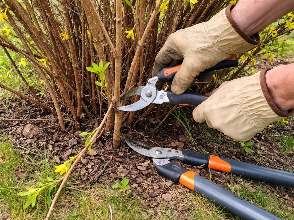 Gardener using pruners to cut forsythia stems at the branch junction.