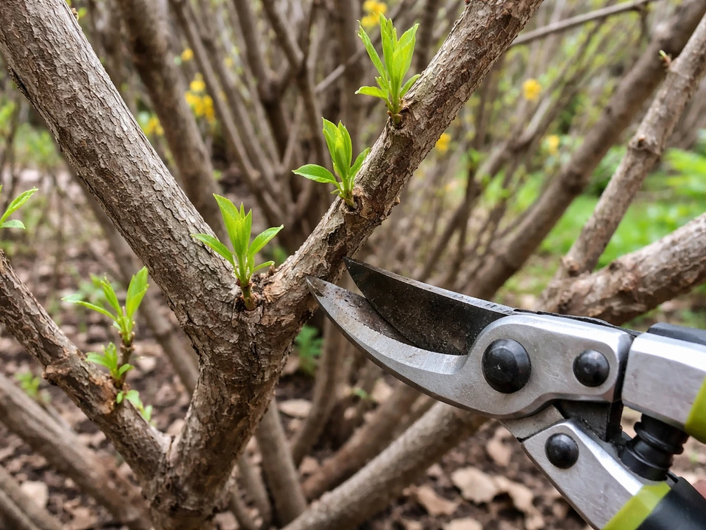 Forsythia after bloom showing old wood and new shoots with pruning tools ready.