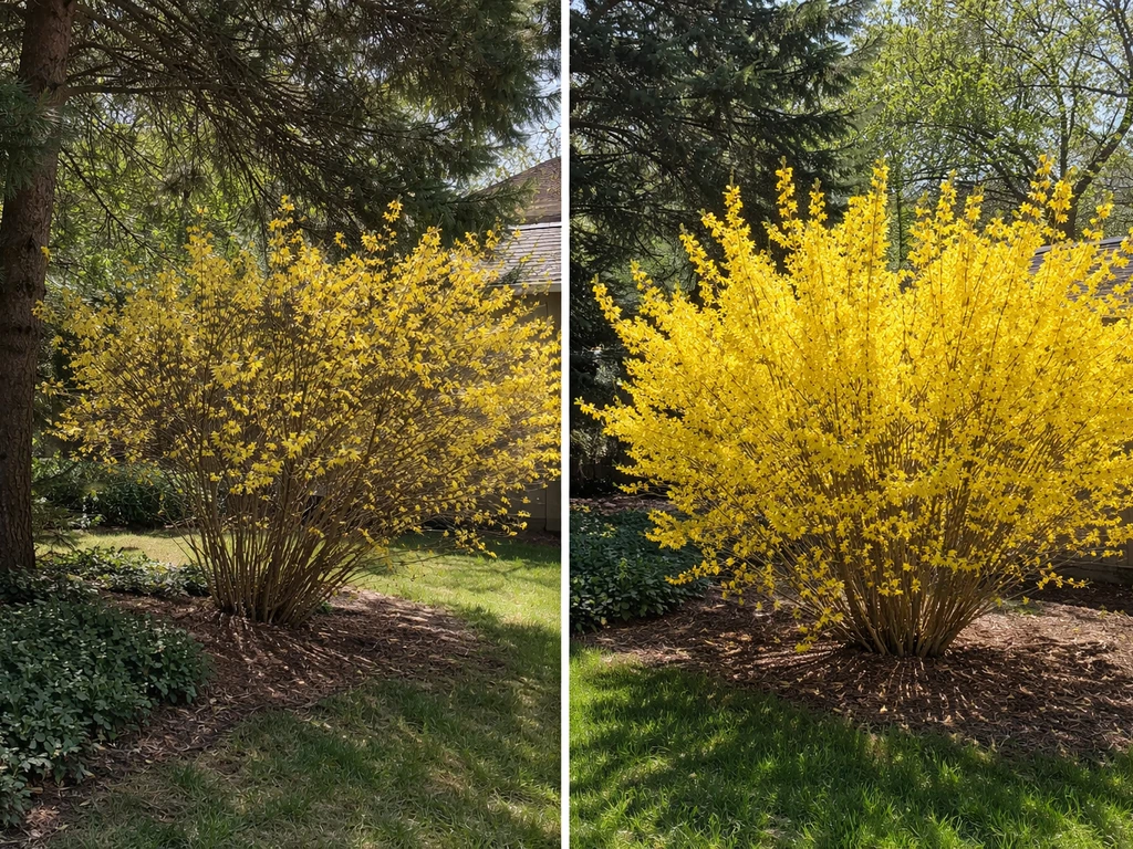 Two forsythia shrubs side-by-side showing poor bloom in shade versus fuller blooms in sun.