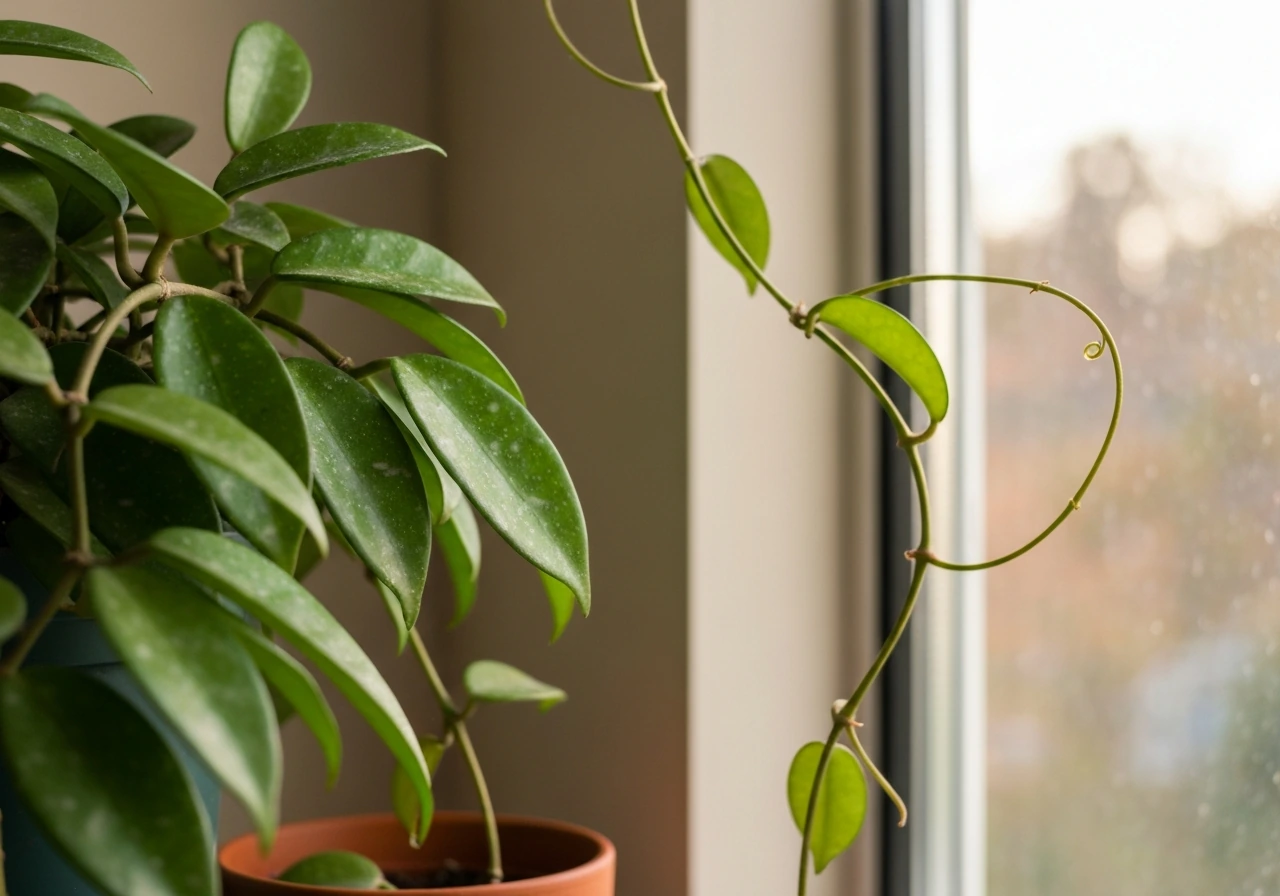Waxy hoya leaves and trailing vines thriving in warm window light indoors.