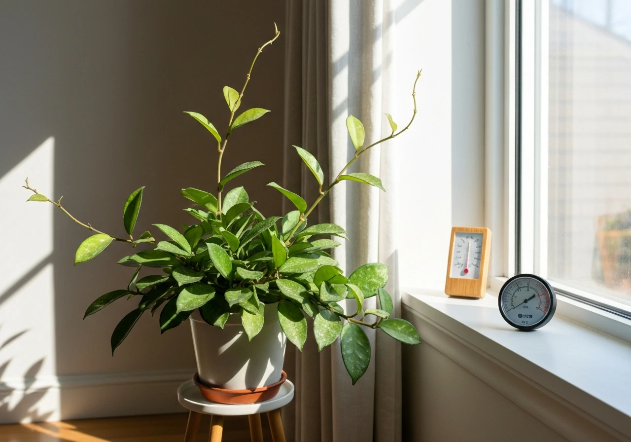 Hoya plant on a windowsill with a simple thermometer and humidity gauge nearby in natural daylight.