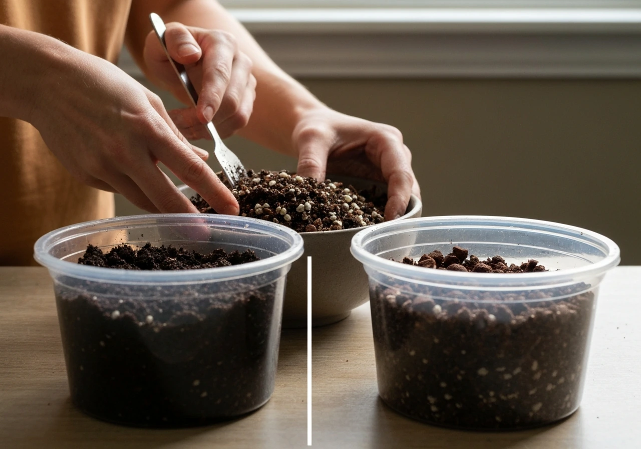 Hands mixing chunky hoya soil next to separate containers showing fine potting soil vs airy mix.