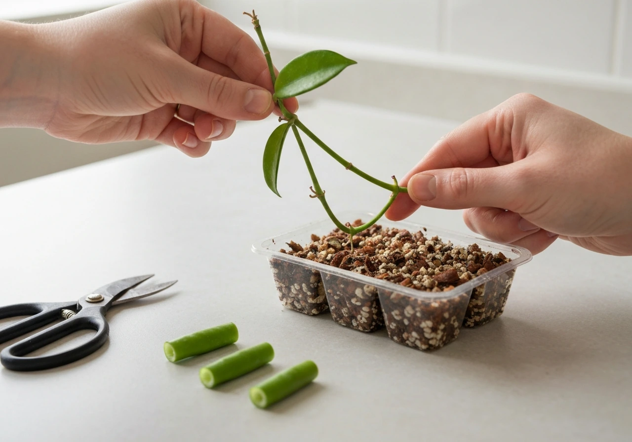 Hands trimming a hoya stem cutting and placing nodes into moist rooting medium in a small tray